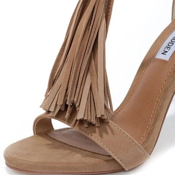 Steve Madden Sashi Fringe Suede Sandals High Heels Taupe Tan 7.5 - Picture 6 of 12